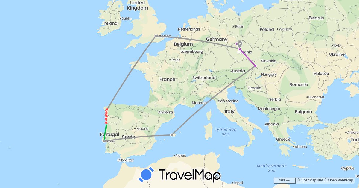 TravelMap itinerary: driving, bus, plane, train, hiking in Czech Republic, Spain, United Kingdom, Portugal, Slovakia (Europe)